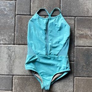 Baltogs child’s Criss Cross Back Camisole Leotard L, turquoise blue.